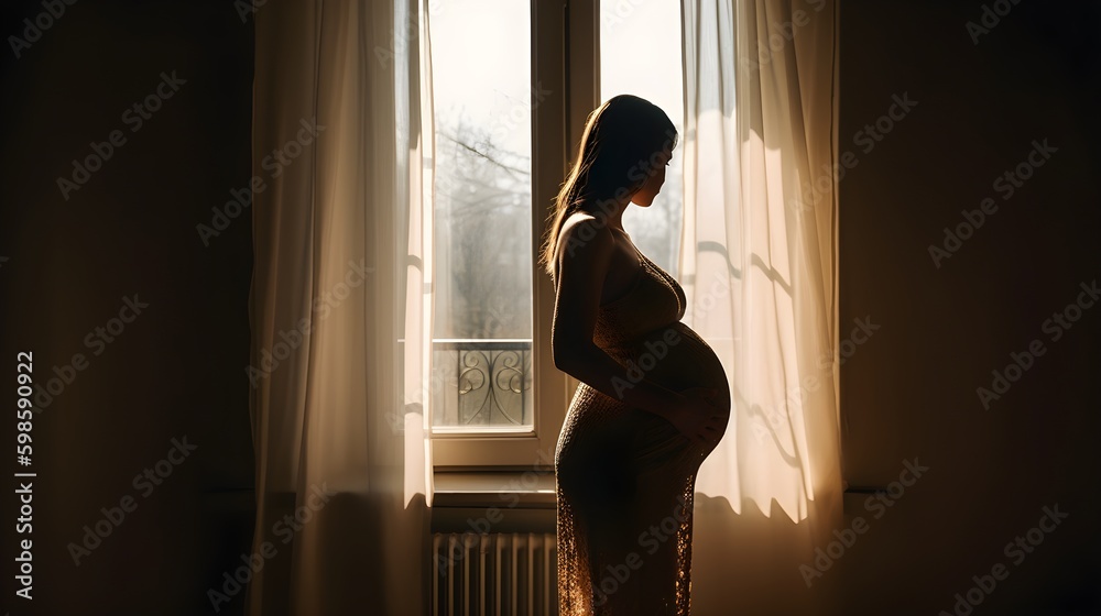 Pregnant woman in front of a window, mother waiting her child. Inspiration, belly. Happy mother's day.