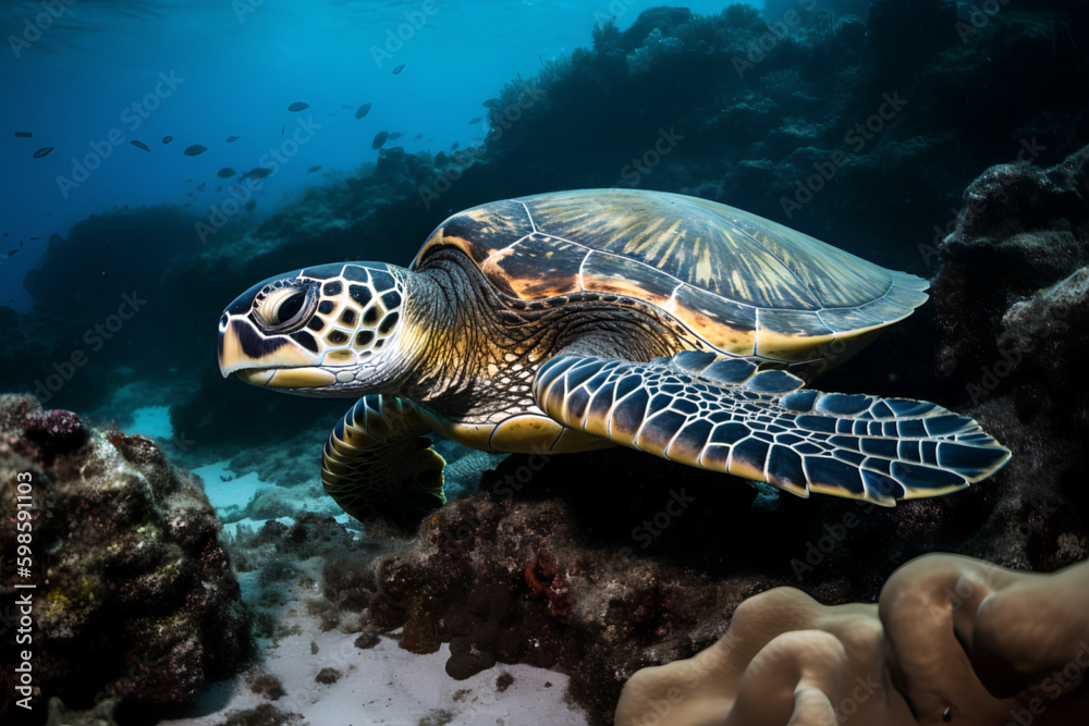 Obraz premium A beautiful turtle swimming between stones and coral reefs