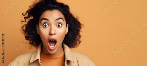 Portrait of excited overjoyed and shocked young indian woman. Unbelievable. Looking at camera and spreading hands. Isolated on yellow background. Advertising. Generative Ai.