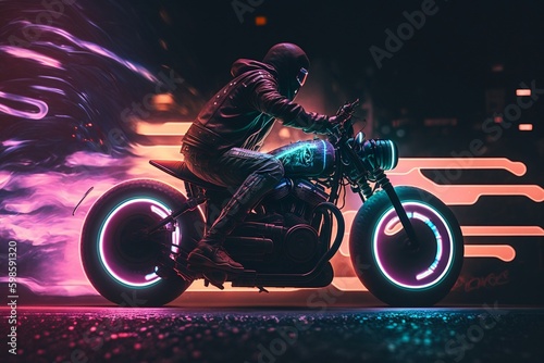 Nighttime Motorcycle Ride with Neon Colors, Generative Ai © Flowstudio