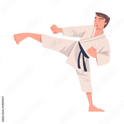 Young Man Doing Karate Wearing Kimono and Black Belt Engaged in Martial Art Vector Illustration