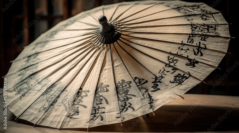 A Chinese paper umbrella with a classic black and white Chinese calligraphy design. Generative AI