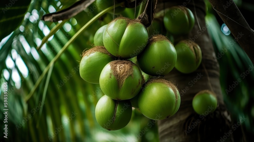 A cluster of green coconuts hanging from a coconut tree. Generative AI