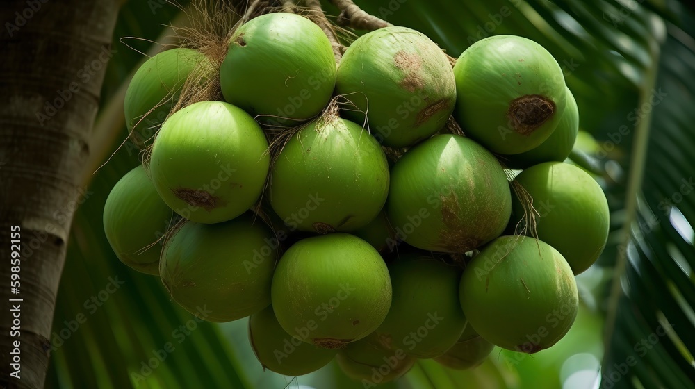 A cluster of green coconuts hanging from a coconut tree. Generative AI A cluster of green coconuts hanging from a coconut tree. Generative AI