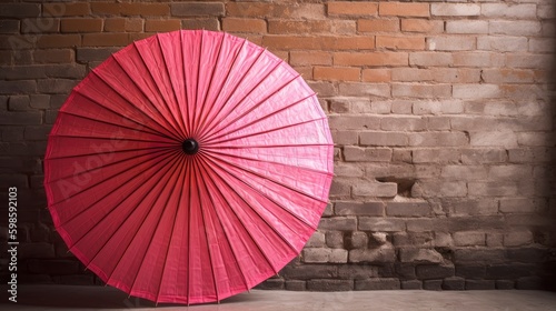 A bright pink Chinese paper umbrella against a brick wall. Generative AI