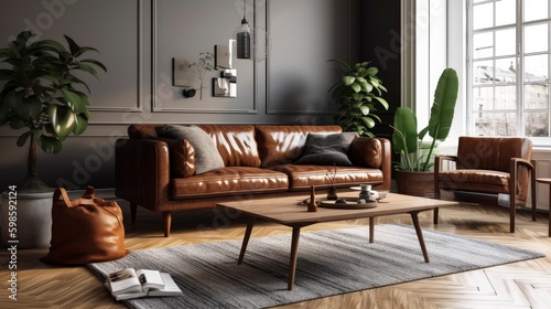 A classic brown leather sofa with a dark wooden coffee table and a black and white rug on the floor. Generative AI © Huy