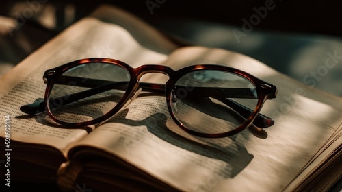 A close-up of sunglasses on a book with the text blurred in the background. Generative AI