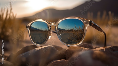 A close-up of sunglasses with a reflection of a desert landscape in the lenses. Generative AI