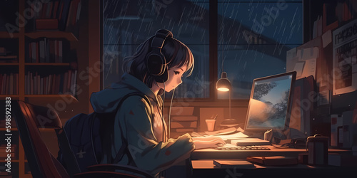 Cool Lofi Girl studying at her desk. Rainy or cloudy outside, beautiful chill, atmospheric wallpaper. 4K streaming background. lo-fi, hip-hop style. Anime manga style. Generative ai.