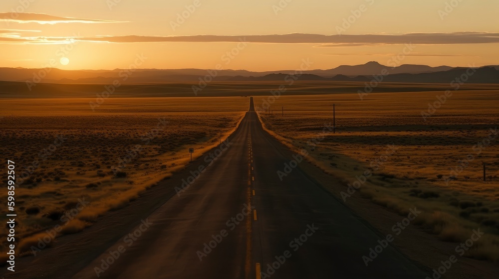 A long, straight road through an empty desert with the sun setting on the horizon. Generative AI A long, straight road through an empty desert with the sun setting on the horizon. Generative AI