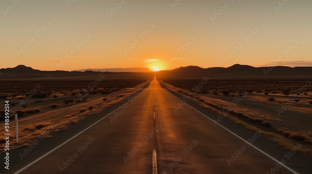 A long, straight road through an empty desert with the sun setting on the horizon. Generative AI