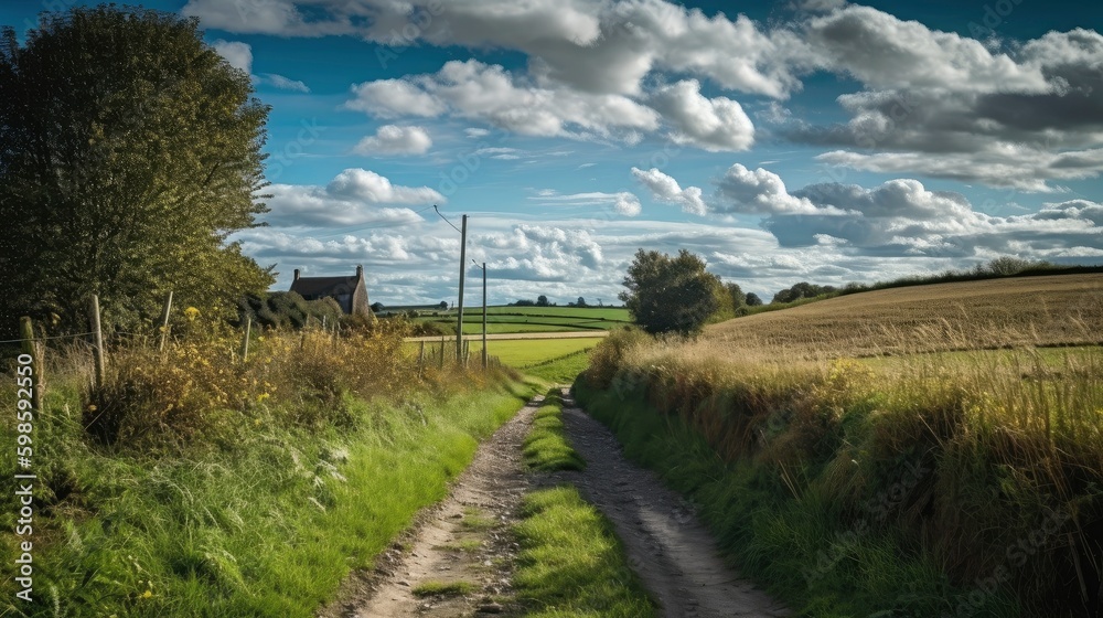 A narrow country road bordered by green fields with a blue sky and fluffy clouds overhead. Generative AI A narrow country road bordered by green fields with a blue sky and fluffy clouds overhead. Generative AI