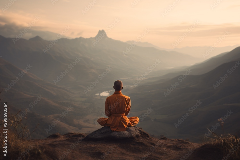 Fototapeta premium Mountain Meditation: A monk doing yoga on a mountaintop with a beautiful landscape in the background. Generative Ai.