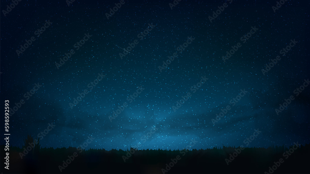 Night shining starry sky, milky way. Dark blue space background with stars, nebula, meteor. Starlight night in nature, cosmos. Meadow, field. Vector illustration