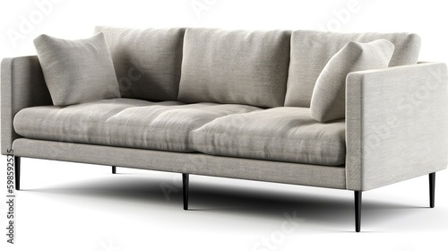A minimalist grey sofa with black legs on a white background. Generative AI