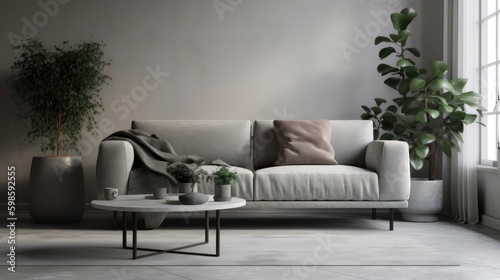 A minimalist grey sofa with a white marble coffee table and a green potted plant in the background. Generative AI © Huy