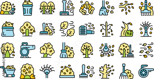 Cleaning autumn foliage icons set outline vector. Garden nature. Cleaning grass thin line color on white