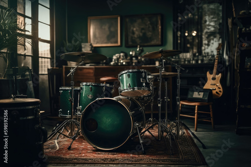 Drum set in a vintage music studio. Retro style toned image. generative AI