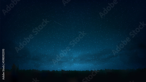 Night shining starry sky, milky way. Dark blue space background with stars, nebula, meteor. Starlight night in nature, cosmos. Meadow, field. Vector illustration