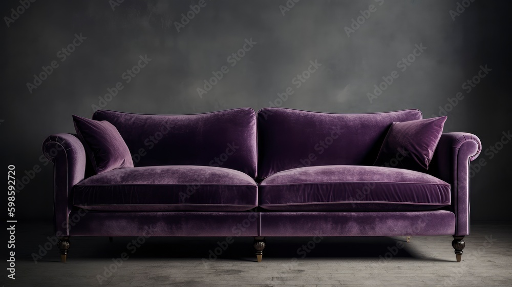 A plush purple velvet sofa on a grey background. Generative AI A plush purple velvet sofa on a grey background. Generative AI
