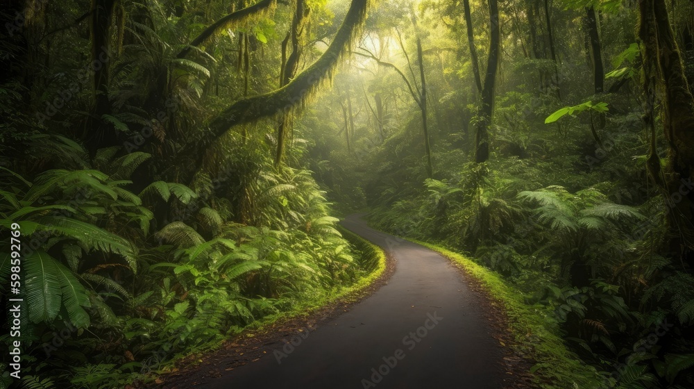 A road curving through the lush greenery of a tropical rainforest with dense foliage on either side. Generative AI
