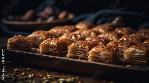 Pistachio baklava on Dark background. Traditional Middle Eastern Flavors pastry. Traditional Turkish baklava. AI generated