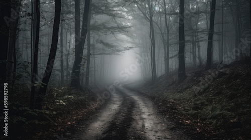 A road leading through a dark, spooky forest with dense fog and mist hanging in the air. Generative AI