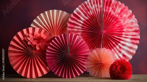 A set of paper fans with different shades of pink and red  creating a beautiful ombre effect. Generative AI