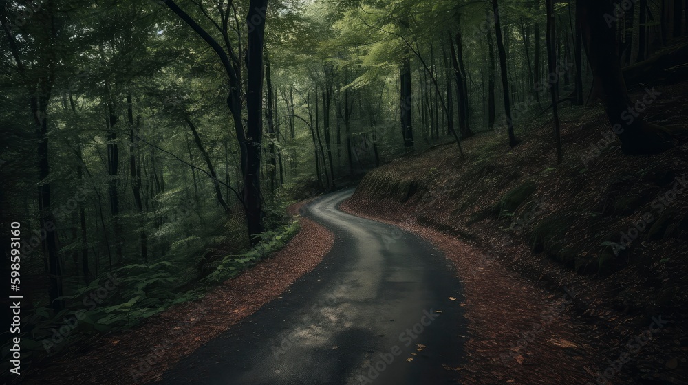 A winding road through a dense forest with trees on either side of the asphalt. Generative AI