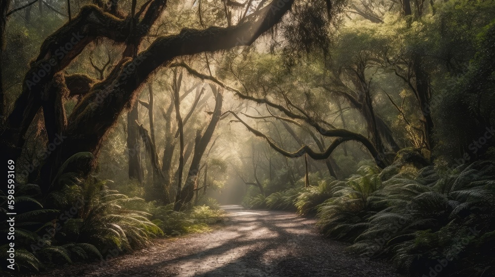 Obraz premium A winding road with towering trees creating a canopy overhead and sunlight peeking through the leaves. Generative AI