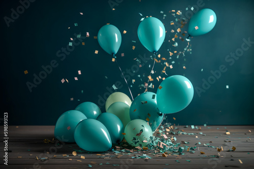 Balloons turquoise background with balloons, confetti, sparkles, lights. Anniversary. Banner for birthday, party, Christmas, New Year, promotion social media cover. Generative Ai