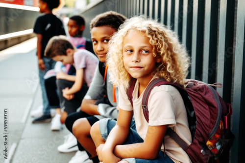 Excited blonde girl, 12, with bouncy curls chats with friends, anticipating the school bus arrival. Their laughter fills the morning air with joy. Generative AI