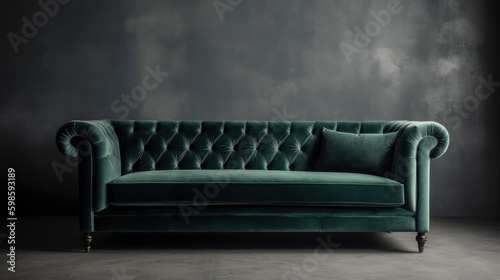 An emerald green velvet sofa on a grey background. Generative AI