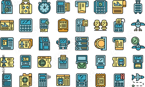 Ticket terminal icons set outline vector. City mobile. Security travel thin line color on white