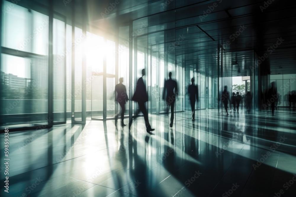 Silhouettes of business people walking in a corridor of a modern office building. generative AI