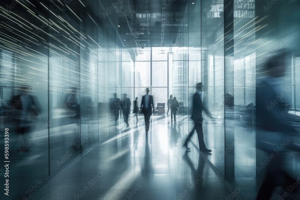 Blurred scene of business people walking in the lobby of a modern office building. generative AI