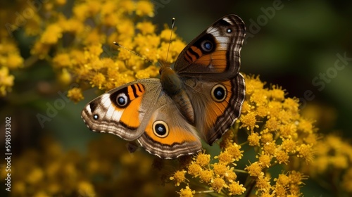Common buckeye butterfly on a goldenrod plant. Generative AI photo