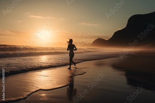 Running by the Beach  A woman running along the beach during sunrise or sunshine. Generative Ai.