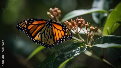 Monarch butterfly perched on a milkweed plant. Generative AI photo