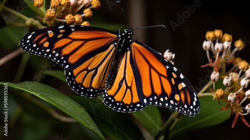 Monarch butterfly perched on a milkweed plant. Generative AI