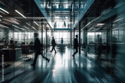 Business people walking in the corridor of a modern office building with motion blur effect. generative AI