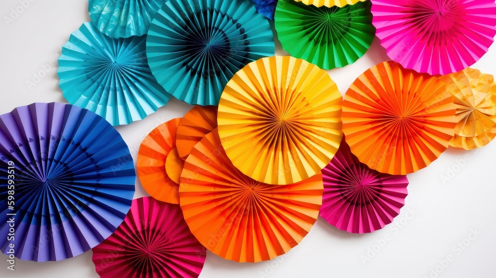 Naklejka premium Vibrant-colored paper fans arranged in a circular pattern on a white background. Generative AI