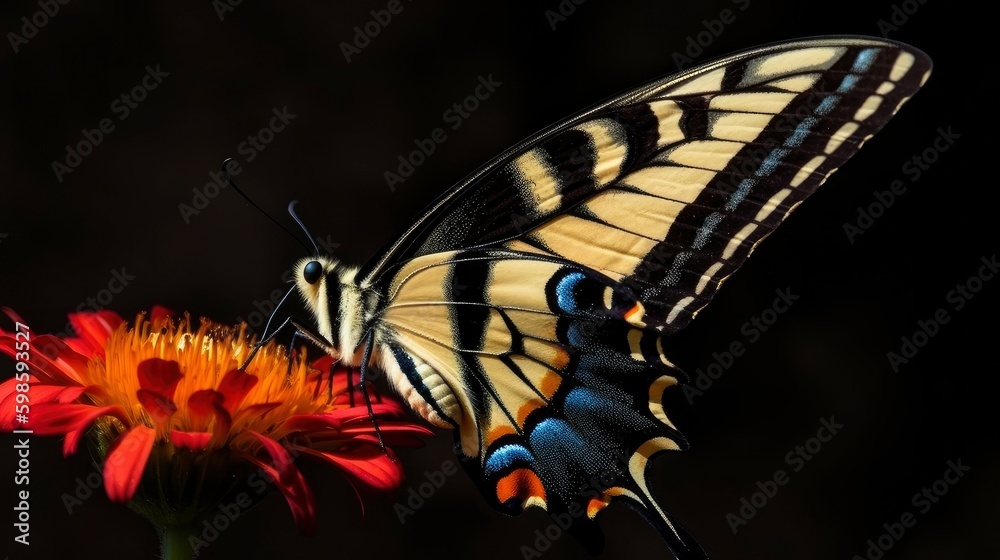Fototapeta premium Swallowtail butterfly drinking nectar from a flower. Generative AI