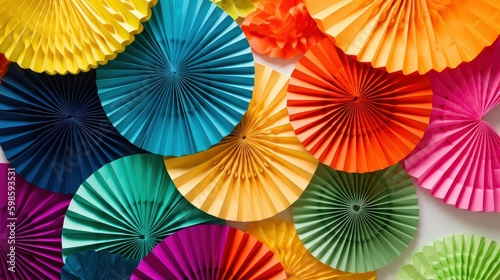 Vibrant-colored paper fans arranged in a circular pattern on a white background. Generative AI