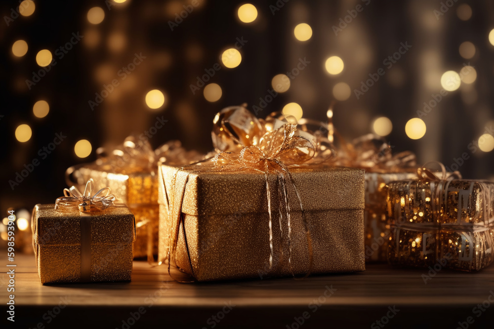 Beautiful golden gift boxes. Generative ai Beautiful golden gift boxes. Generative ai