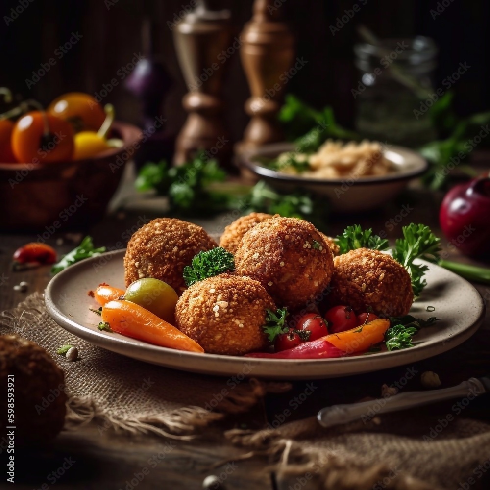 Falafel with vegetables - Vegetarian chickpeas  balls on wooden rustic board. Traditional Middle Eastern and arabian food. Dark background. AI generated