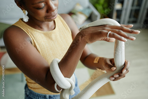 Arms of young black woman cuddling while rat snake in front of camera and looking at her pet during animal assisted therapy at home photo