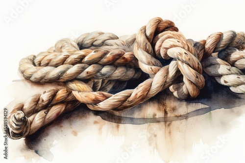 Watercolor painting of rustic rope frame with knots on white background. Generative AI