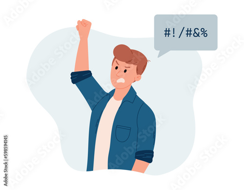 Protesting cartoon angry man with bubble speech. Vector isolated Flat illustration of a man at a social rally or vote.