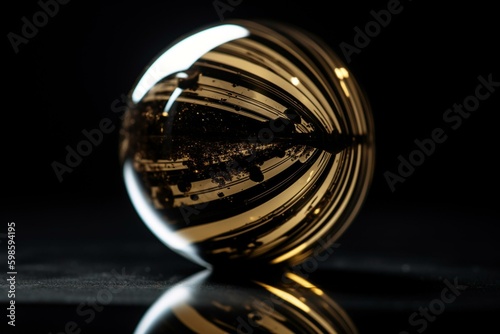 Gold-striped marble ball on reflective surface with black/white backgrounds. Generative AI